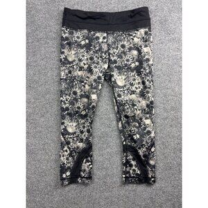 Lululemon Run Inspire Crop II Leggings Women's 8 Black White Floral Print Pocket